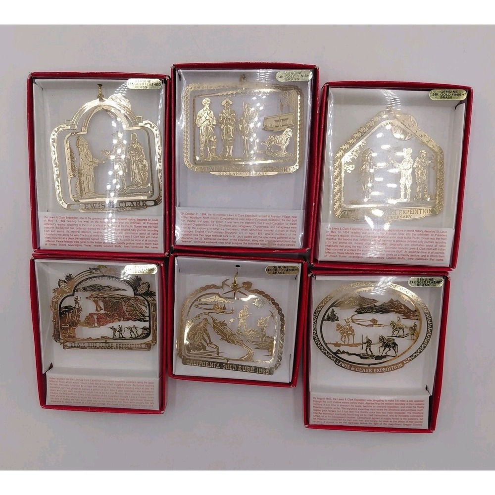 Vtg 24K Gold Finished Brass Christmas Ornaments Lot 6 Lewis & Clark Native
